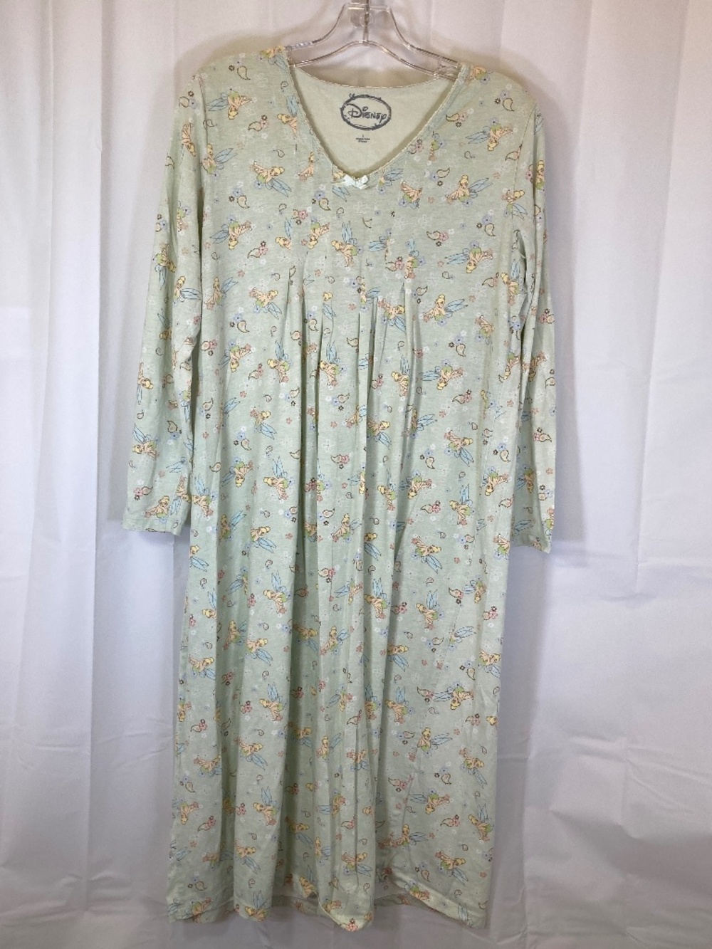 Disney Tinkerbell Pajama Gown Sz L 12/14 green Long Sleeve V Neck